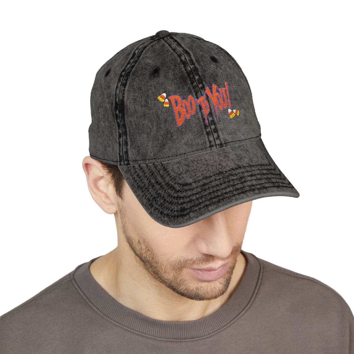 Boo too you Halloween embroidery baseball hat with candy corn details, sparkle paperie house