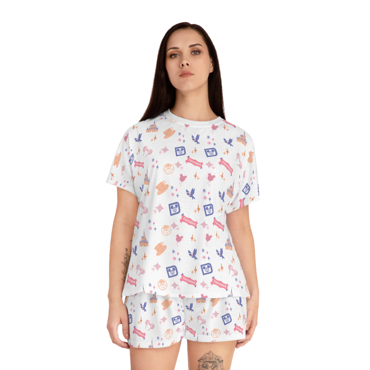 theme park fantasy land pattern pajama short set, fantasy magic pattern women pajama short set sparkle paperie house