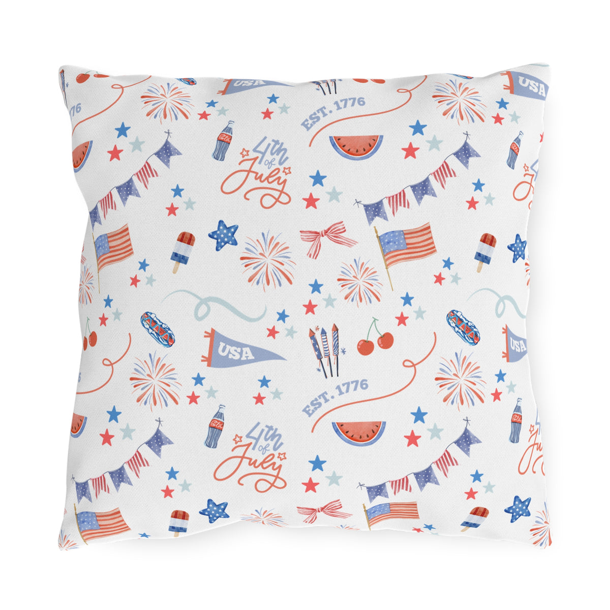 Pillow with 4th of July-themed pattern on a white background