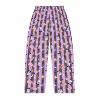 Boo too you halloween pattern women pajama pants with purple and black stripes, sparkle paperie house