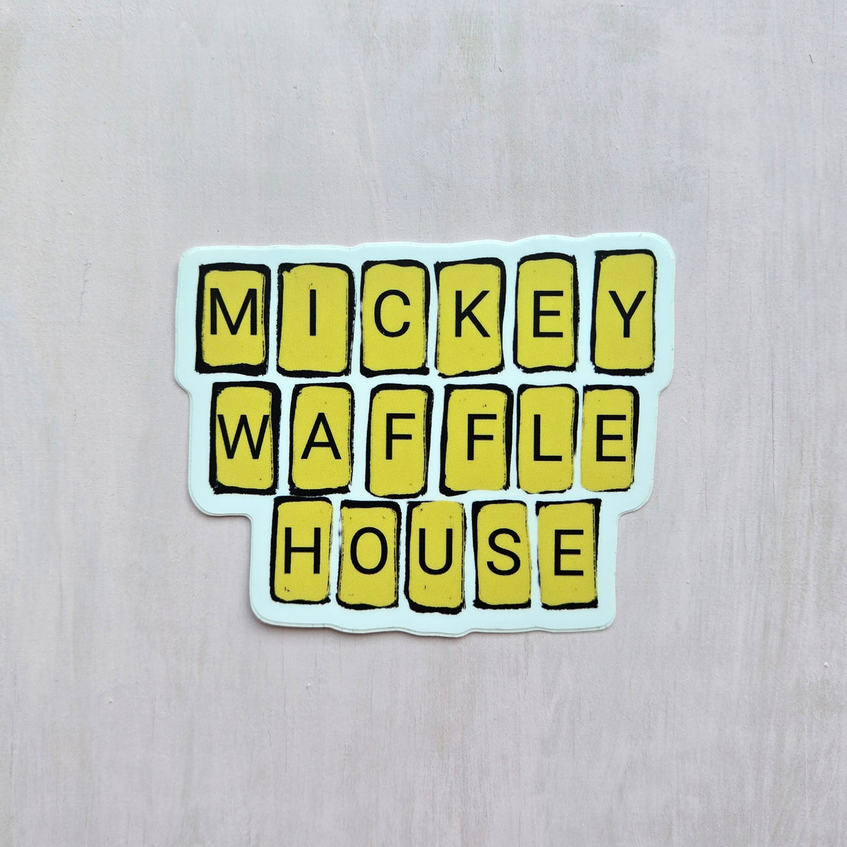 Mick Waffle House vinyl die cut sticker 3x3, sparkle paperie house