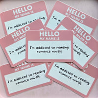hello my name is i'm addicted to reading romance novels vinyl die cute sticker 3x3, sparkle paperie house
