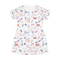 white background dress with patriotic pattern, women's 4th of july dress