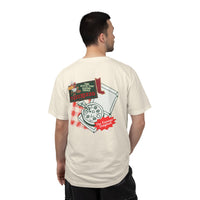 Theme park pizza rizzo employee delivery t-shirt, back graphic pizza sign with the famous original pizza 
