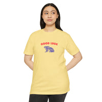 good luck rabbit graphic shirt, modern clean red color good luck with a blue color rabbit graphic t-shirt sparkle paperie house