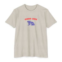 good luck rabbit graphic shirt, modern clean red color good luck with a blue color rabbit graphic t-shirt sparkle paperie house