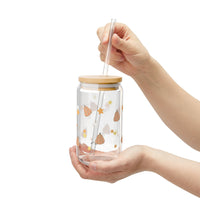 Groovy pumpkin pattern tumbler with wooden lid and straw, autumn pattern glass tumbler sparkle paperie house