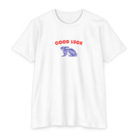 good luck rabbit graphic shirt, modern clean red color good luck with a blue color rabbit graphic t-shirt sparkle paperie house