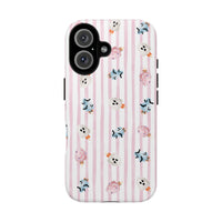 A protective phone case with a light pink and white vertical stripe pattern, decorated with small Halloween-themed cotton candy in pink, blue, and white, shown on a plain white background. sparkle paperie house