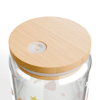 Groovy pumpkin pattern tumbler with wooden lid and straw, autumn pattern glass tumbler sparkle paperie house