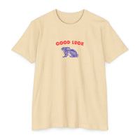 good luck rabbit graphic shirt, modern clean red color good luck with a blue color rabbit graphic t-shirt sparkle paperie house