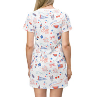 white background dress with patriotic pattern, women's 4th of july dress