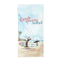 catch a puffin a wave puffin surfing beach towel, sparkle paperie house