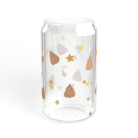 Groovy pumpkin pattern tumbler with wooden lid and straw, autumn pattern glass tumbler sparkle paperie house