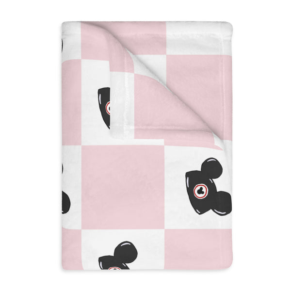Theme Park Mouse Ears & Pink Checker Pattern Velveteen Microfiber Blanket Two-sided Print