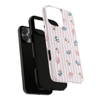 A protective phone case with a light pink and white vertical stripe pattern, decorated with small Halloween-themed cotton candy in pink, blue, and white, shown on a plain white background. sparkle paperie house