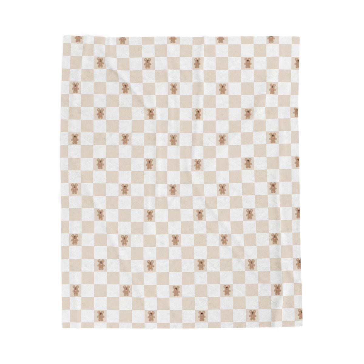 cozy gingerbread cookie pattern with white and beige checker blanket, theme park christmas blanket