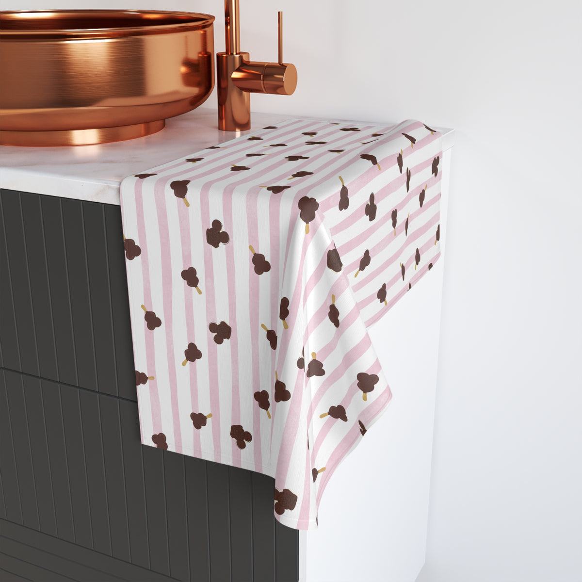 theme park mouse shaped ice cream pink stripe hand towel, sparkle paperie house