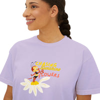theme park women's boxy shirt, flower and garden festival, spikey bee chasing sunshine and flowers, sparkle paperie house