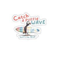 catch a puffin wave surf up bruh vinyl die cut sticker, sparkle paperie house