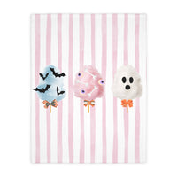 Spooky Halloween Cotton Candy Velveteen Two Sided Blanket, Pink and White stripe blanket with spooky cute Halloween cotton candy graphic, sparkle paperie house