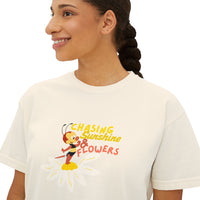 theme park women's boxy shirt, flower and garden festival, spikey bee chasing sunshine and flowers, sparkle paperie house