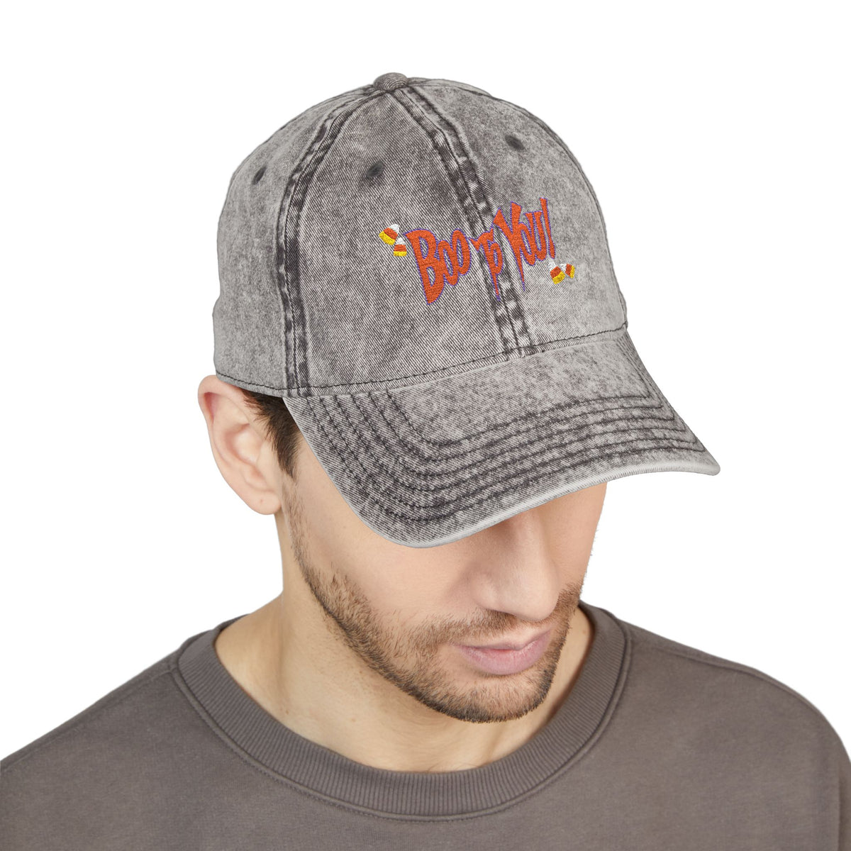 Boo too you Halloween embroidery baseball hat with candy corn details, sparkle paperie house