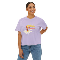 theme park women's boxy shirt, flower and garden festival, spikey bee chasing sunshine and flowers, sparkle paperie house