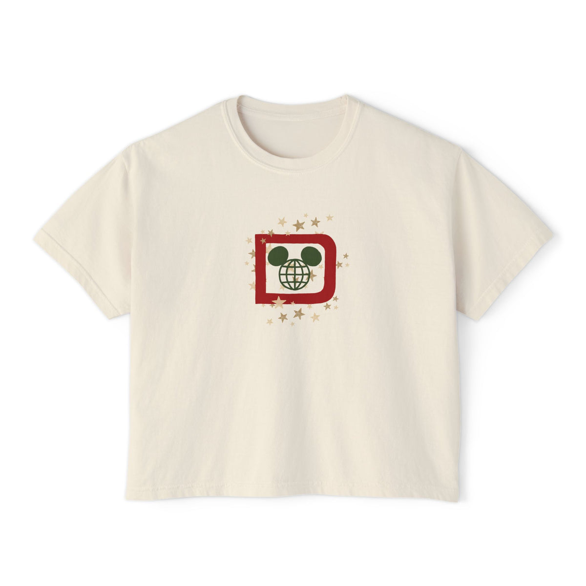 theme park christmas WDW red and green colors with stars, women's christmas boxy shirt