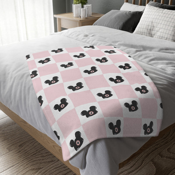 Theme Park Mouse Ears & Pink Checker Pattern Velveteen Microfiber Blanket Two-sided Print