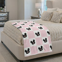 Theme Park Mouse Ears & Pink Checker Pattern Velveteen Microfiber Blanket Two-sided Print