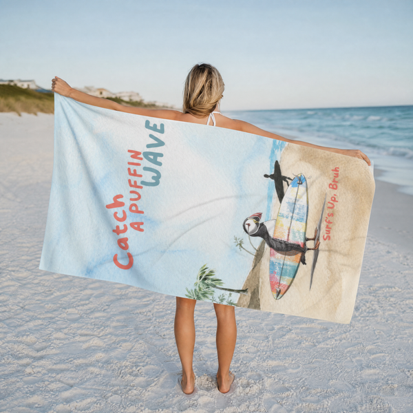 Catch A Puffin Wave Beach Towel 36"x72"